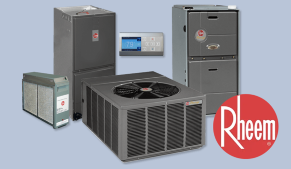 A collection of Rheem air conditioner products along with the Rheem logo