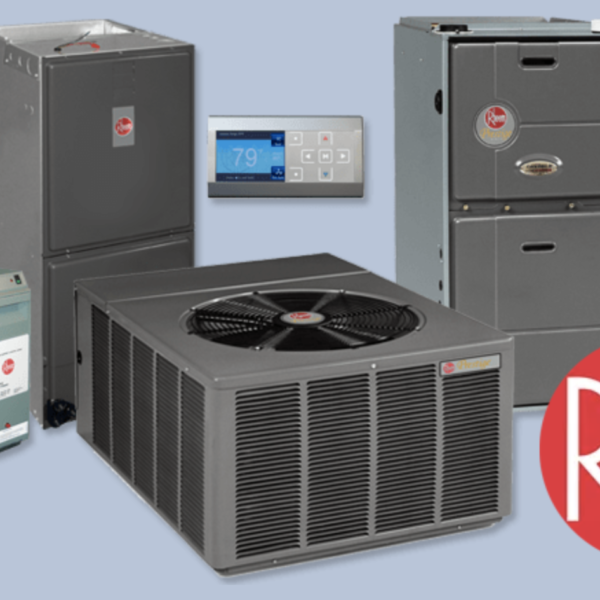 A collection of Rheem air conditioner products along with the Rheem logo