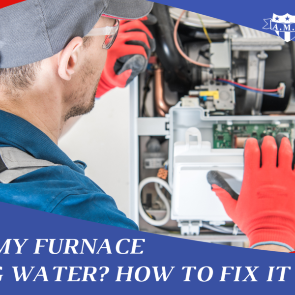 An HVAC technician checking a furnace leaking water for AMI Air Conditioning with the blog title "Why is my furnace leaking water? How to fix it"