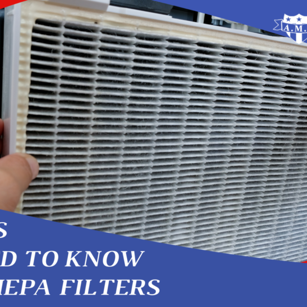 A hepa filter with the blog title "5 Things You Need to Know About Hepa Filters" in white letting on a blue background. A white AMI Air logo is in the top right corner with a blue background.