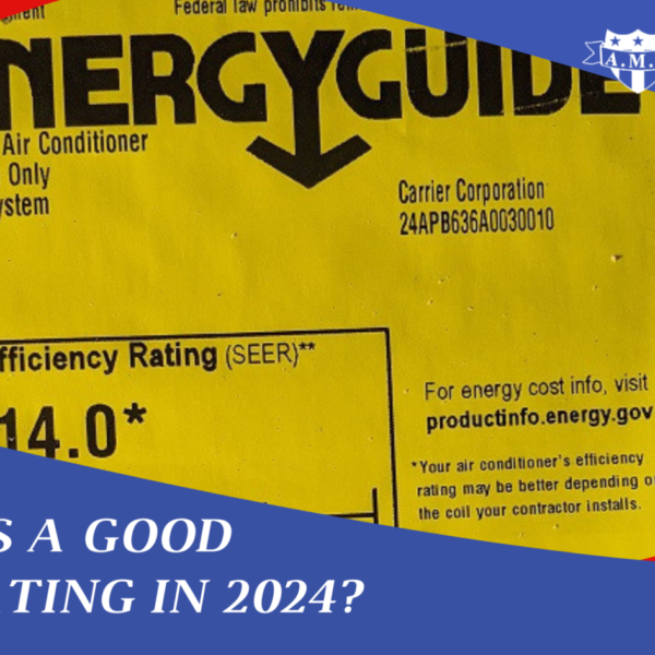 A SEER Rating image with the Blog title "What is a good SEER rating in 2024?" in white letting on a blue background with a white AMI Air Conditioning logo