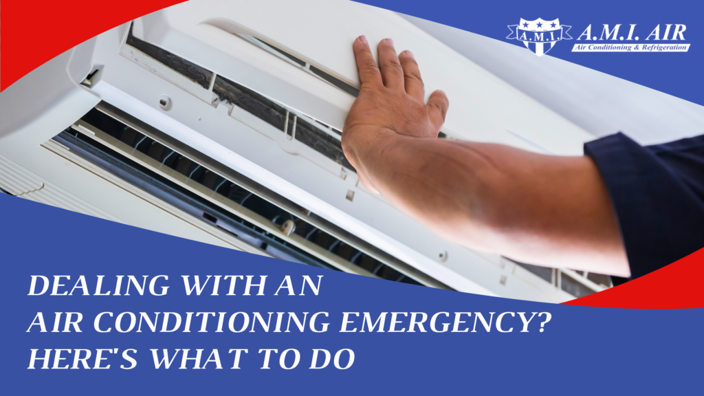 White text reads: Dealing with an air conditioning emergency? Here's what to do with a photo of someone holding an air conditioner