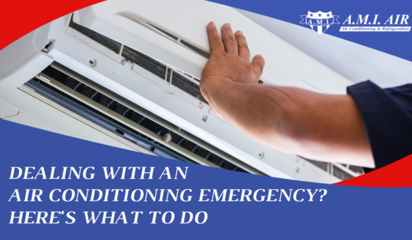 White text reads: Dealing with an air conditioning emergency? Here's what to do with a photo of someone holding an air conditioner