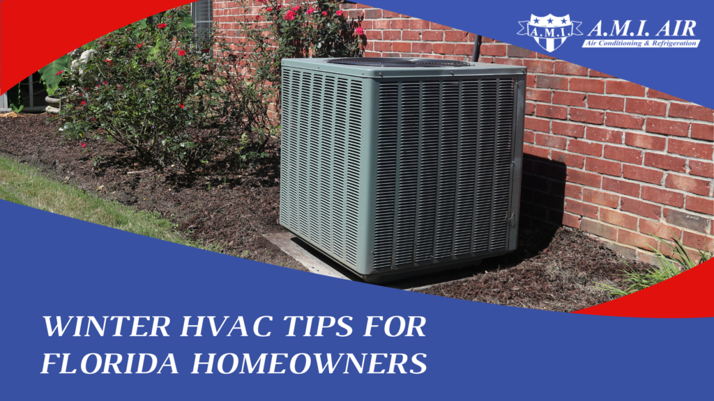 White text reads: winter hvac tips for florida homeowners with a photo of an air conditioner