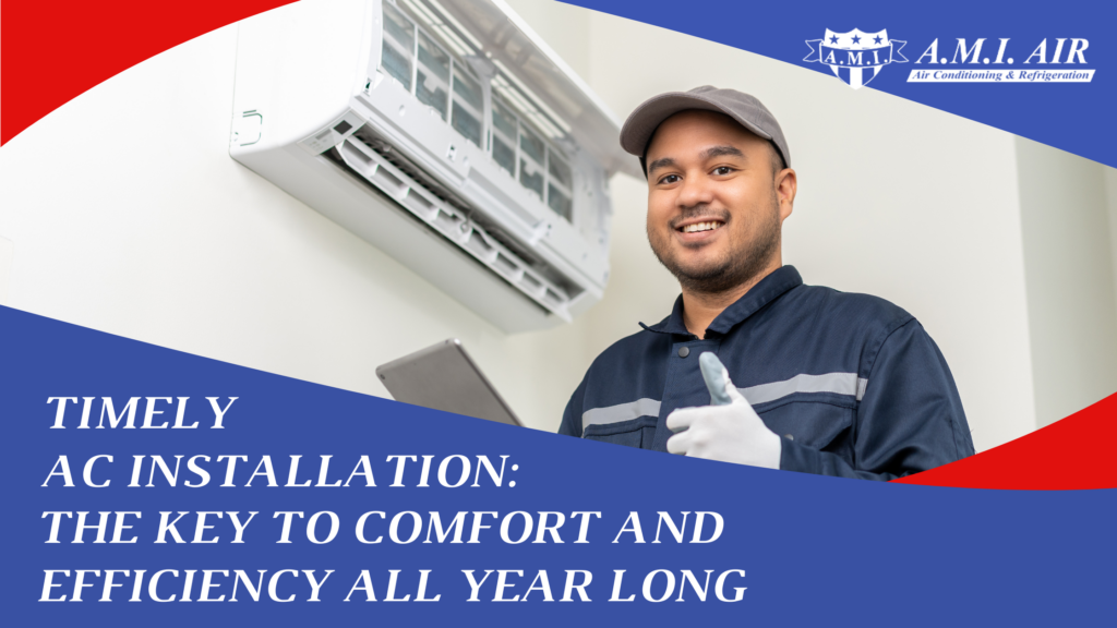 White text reads: timely ac installation: the key to comfort and efficiency all year long with a photo of a hvac technician giving a thumbs up with an ac unit in the background