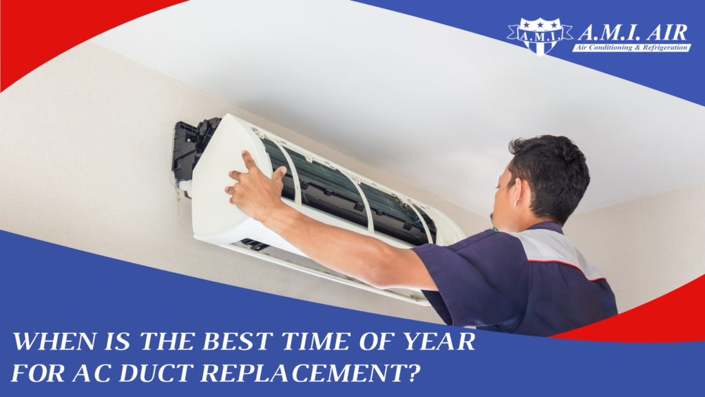 White text reads: When Is the Best Time of Year for AC Duct Replacement? with a photo of a man installing an AC unit