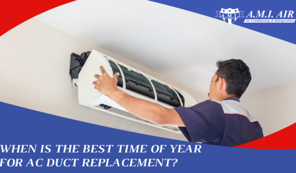 White text reads: When Is the Best Time of Year for AC Duct Replacement? with a photo of a man installing an AC unit