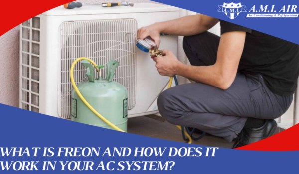 White text reads: what is freon and how does it help your ac system with a photo of a freon with an ac unit